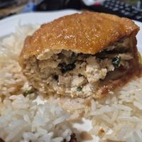 Mushroom stuffed tofu tomato w/rice $13: very good, stuffing is mostly tofu w/ tiny bit mushroom. Subtle sauce at Vn Street Foods in Marrickville