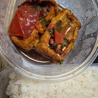 Mushroom stuffed tofu tomato w/rice $13: very good, stuffing is mostly tofu w/ tiny bit mushroom. Subtle sauce at Vn Street Foods in Marrickville