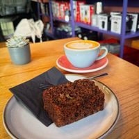 Vegan banana bread & oat flat white  at Playground Coffee in Hamburg