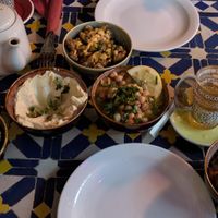 Falafel, hummus, spiced cauliflower, foul, moussaka, mint teas. We also had bread, and moujadara (not pictured) at Tarboush in Tring