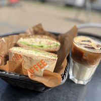 Vegan bagel and iced coffee with oat milk  at Miss Coffee in Helsingoer