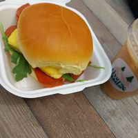 vegan breakfast sandwich (w/"bacon"), salted maple latte (w/oatmilk) at Rivers & Roads Cafe in Chicago