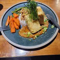 Crispy Fried Tofu Steak. BBQ Peanut sauce? Yes! at Benaras in Edmonton