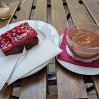 Raspberry brownie and Peru hot chocolate with soy at Choco Cafe in Prague