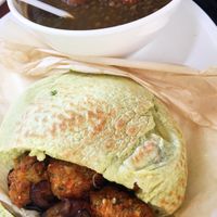 Falafel in spinach pita and lentils soup at Falafelito - Coyoacan in Mexico City