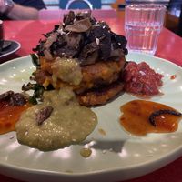 Corn fritters (with mushrooms to make it vegan) - big portion   at Modaks Espresso in Dunedin