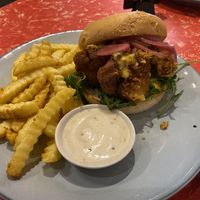 Cauliflower burger and fries   at Modaks Espresso in Dunedin