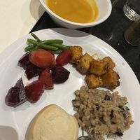 Lunch plate: butternut squash soup, green beans, beet salad, risotto, tofu, roll  at Walt Disney World - Hollywood & Vine in Lake Buena Vista