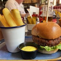 Vegan burger with fries   at Bruxelles in Dublin