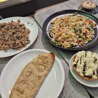 Rice with vegetables, patty with tofu and spinach and mini pizza at Country House - Сельский Дом in Minsk