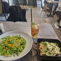 "Jarkoe" (right) and salad (left) with non alcoholic mojito at Country House - Сельский Дом in Minsk