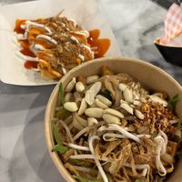 Vegan chicken noodle bowl & spring rolls  at Kinn Kinn in Newport