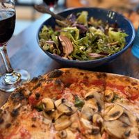 Napolitano Quattro Stazione pizza with house salad and Chianti!  at Menomale  in Washington