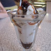 Amazing sundae with chocolate and caramel sauce and cookie dough ice cream. at Sophie Sucree in Montreal
