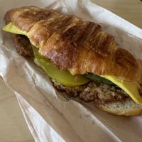 Breakfast sandwich (egg, sausage, cheese, and pickle)  at Sophie Sucree in Montreal