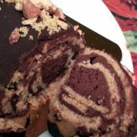 2013 chocolate and orange yule log (bûche de Noël), covered in chocolate ganache and topped with crushed almonds. This was a 10-12 person format and cost $55. It was really moist and yummy. Well done! at Sophie Sucree in Montreal