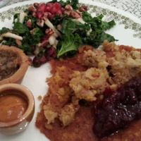 Dec 29/13 brunch: sweet potato pancake topped w/apple & sage holiday stuffing & spiced orange cranberry sauce, tourtière w/house ketchup, kale salad w/cranberries, apples, & caramelized pecans. $12. Plate was minimal for the $$ but tasted excellent. at Sophie Sucree in Montreal