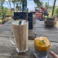 Banana peanut butter smoothie 🤤 and mango pudding  at Dragonfly Guesthouse in Sihanoukville