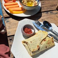 Hummus platter and tofu scramble wrap at Dragonfly Guesthouse in Sihanoukville