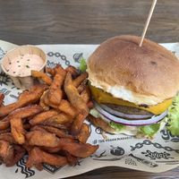 Signature burger with sweet potato friess  at Mad Mad Vegan - Barcelona in Barcelona