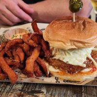 Nashville burger and sweet potato fries at Mad Mad Vegan - Barcelona in Barcelona