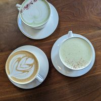 Matcha oatmilk latte, chai tea, hazelnut oat milk latte at Parable Cafe in Columbus