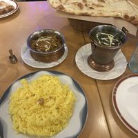 Tumeric rice is nice, big naan on standby and tasty mixed veg curry on the left   at Namaste Q Karuizawa in Nagano