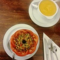 Starters: Vegetable cream and Cous-cous at El Granero de Lavapies in Madrid