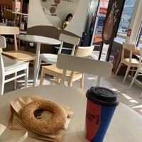 Vegan latte and vegan Thesoloniki bagel  at Coffee Island in Athens
