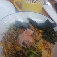 Lovely rice dish with a soy mocha at Green Vege Cafe in Shanghai