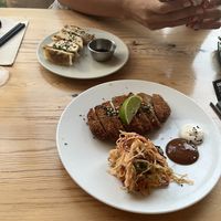 Katsu seitan and  gyozas  at UMAMI Plantbased in Barcelona