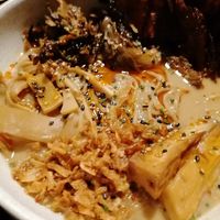 Close-up creamy mushroom ramen at UMAMI Plantbased in Barcelona