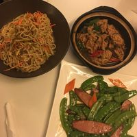 Noodles, stir fried wheat gluten, ‘sausage’ with snow peas  at Su Ren - Veg Inn in Shanghai