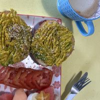Avocado toast and oat latte.  at Josie's  in Utila