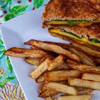 Breakfast Sandwich featuring tofu egg. Field Roast sausage and Daiya cheddar cheese at Great Sage in Clarksville