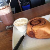 cinnamon roll and hot chocolate  at Great Sage in Clarksville