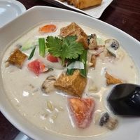 Vegan Tom Kha Noodles and Spring Rolls at Kwan Thai Cuisine in Vancouver