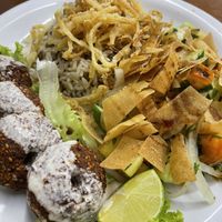 falafel. rice with lentils, salada de tomate, pepino and radish salad.   at Al Chaer in Sao Paulo