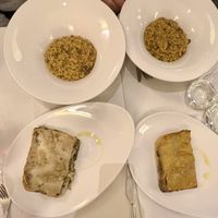 Risotto alla milanese, lasagna di zucca a truffoli e di porri e ortiche   at Il Lughino in Milan