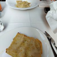 Ravioli with chestnut and chickpeas filling (up), fenel pistachio lasagna (down) at Il Lughino in Milan