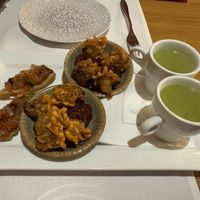 Starters (tomato bruschetta, cauliflower tempura and pea soup)  at The Fitzwilliam Hotel Belfast in Belfast
