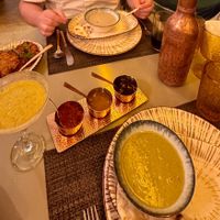 Incredible vegan friendly soups (broccoli & almond soup, & mushroom shorba), & onion bhaji at Naans & Curries  in Tamarindo