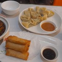 Wontons, spring rolls and a vegan fish and aubergine dish. at Huì Yuán Sù Shí Fāng 慧缘素食坊 Lotus Vegan in Shanghai