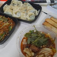 Takeaway - fried noodles, hand-torn Cabbage, spring rolls and wontons.  at Huì Yuán Sù Shí Fāng 慧缘素食坊 Lotus Vegan in Shanghai