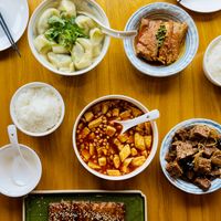 Wontons, Mapo Tofu, Duck, Eel, Crispy  at Huì Yuán Sù Shí Fāng 慧缘素食坊 Lotus Vegan in Shanghai