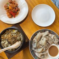 Kungpao pork, fried rice, sesame dumplings  at Lotus Vegan (Huì Yuán Sù Shí Fāng) - 慧缘素食坊 in Shanghai