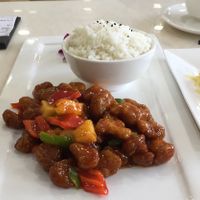 Sweet and Sour pork with rice and something potatoe very yum at Huì Yuán Sù Shí Fāng 慧缘素食坊 Lotus Vegan in Shanghai