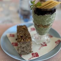 CHIA PUDDING (Matcha Blueberry)
*with nuts (granola) WITH A SLICE OF WARM BANANA NUT BREAD  at Aubrie's Plant-Based Cuisine in El Nido