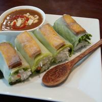 Fresh tofu rolls with peanut sauce. at Veggiebowl in Vancouver