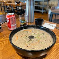 Pernilla soup with spinach noodles at Noodlelab - 칼국수연구소 in Jeju